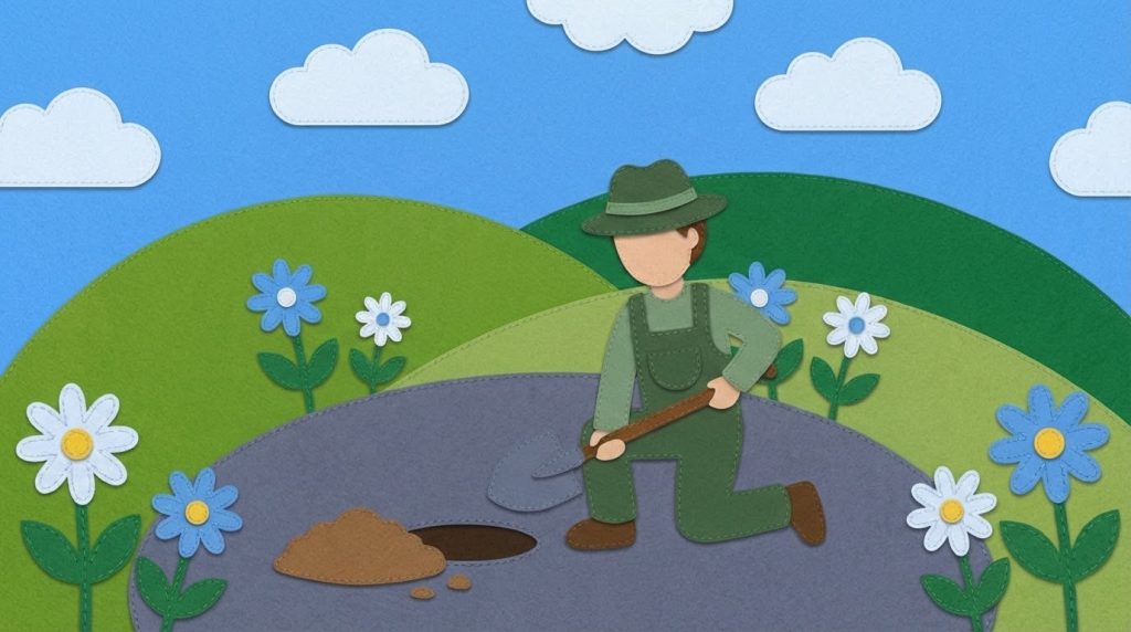 A person digging a hole in a garden
