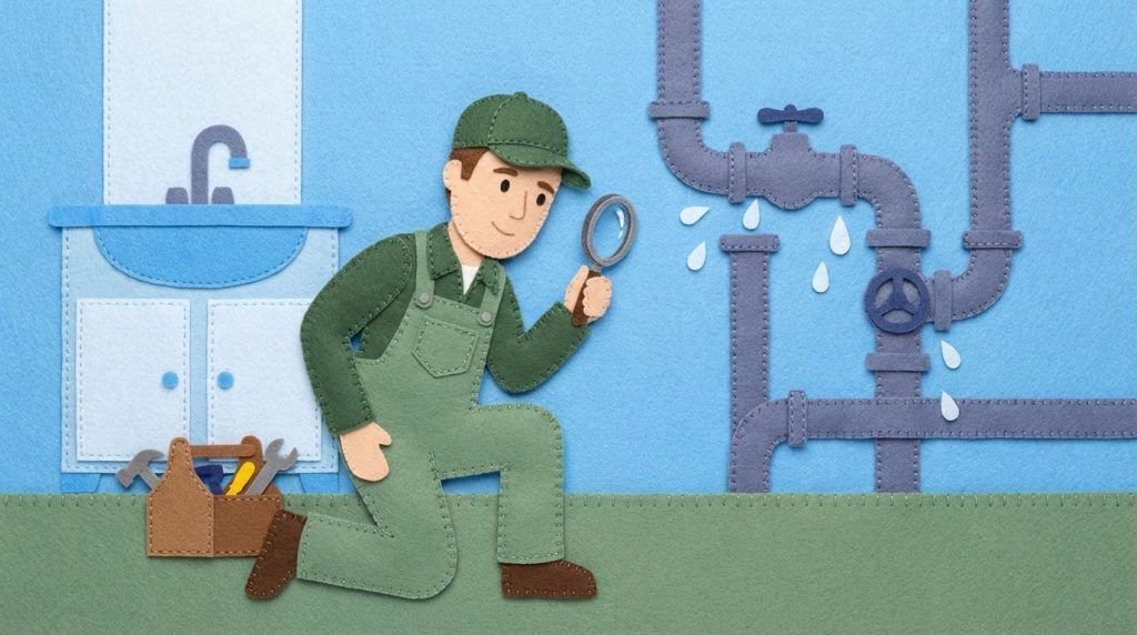 A plumber inspecting pipes
