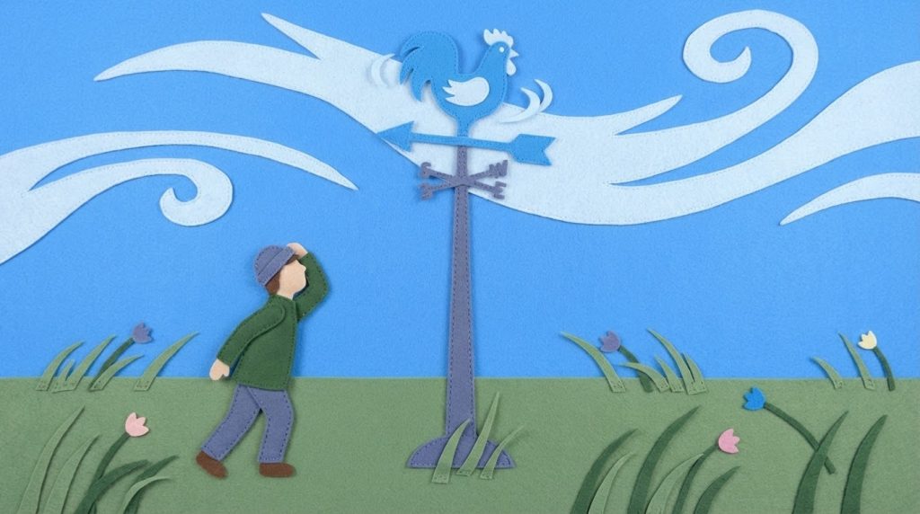 A person looking at a weathervane.