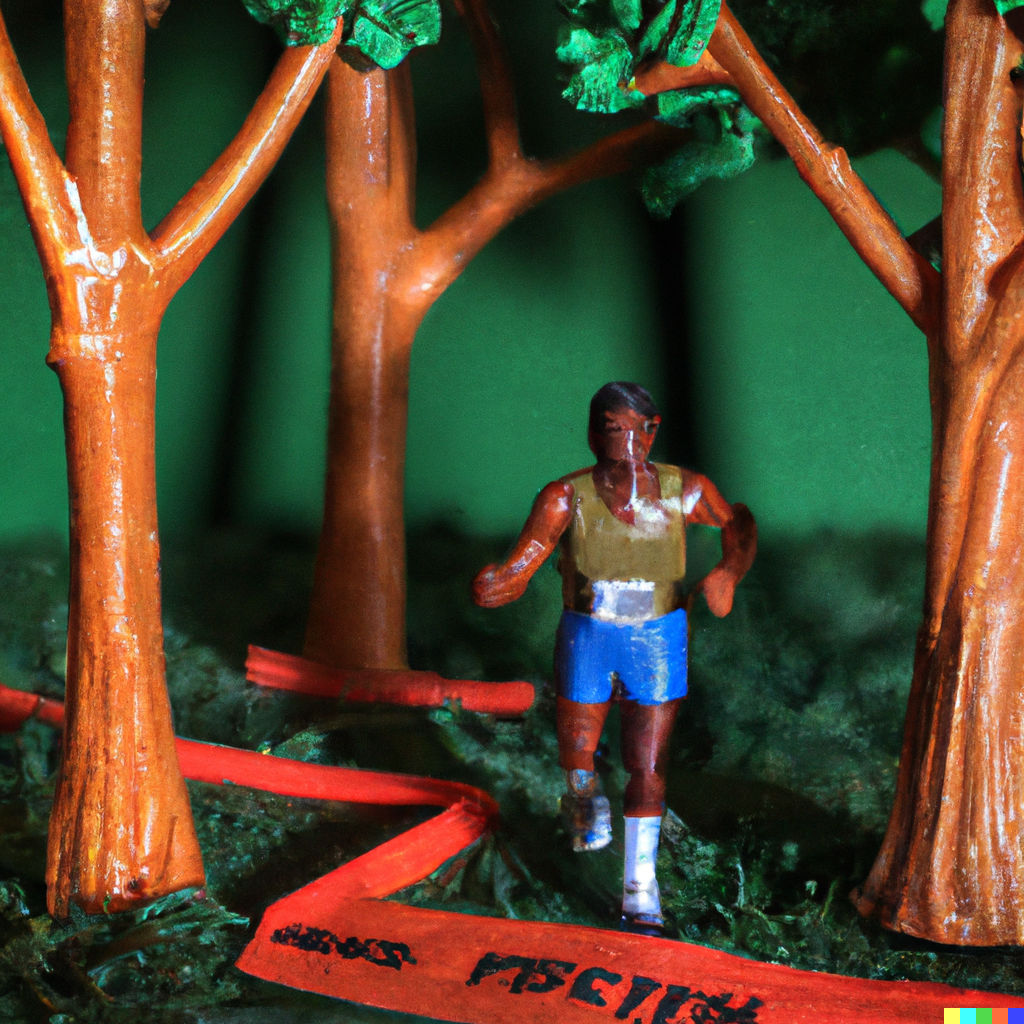 A runner in a forest at the finish line in miniature diorama style - This image was generated with the help of Dalle-2