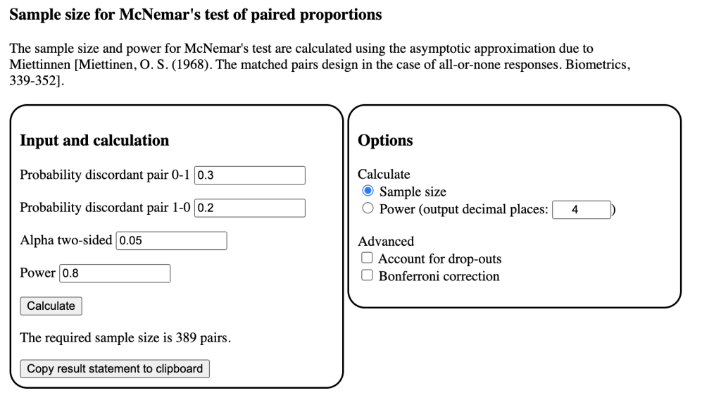 A visual of the power analysis calculator