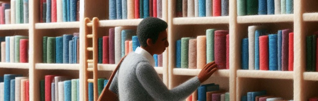 A person finding a book on a library shelft