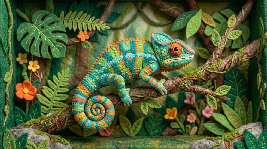 A chameleon with a spiral tail